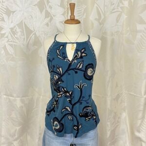 Lucky Brand Blue Floral Embroidered Keyhole Halter Tank Top Size Large